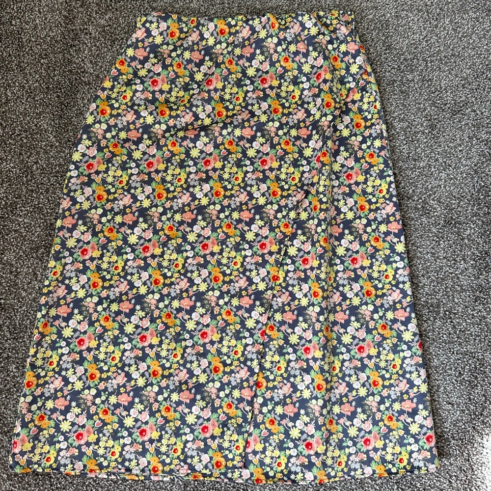 Loft Satin Floral Wrap Over Midi Skirt | Elastic Waist, | XS Petite